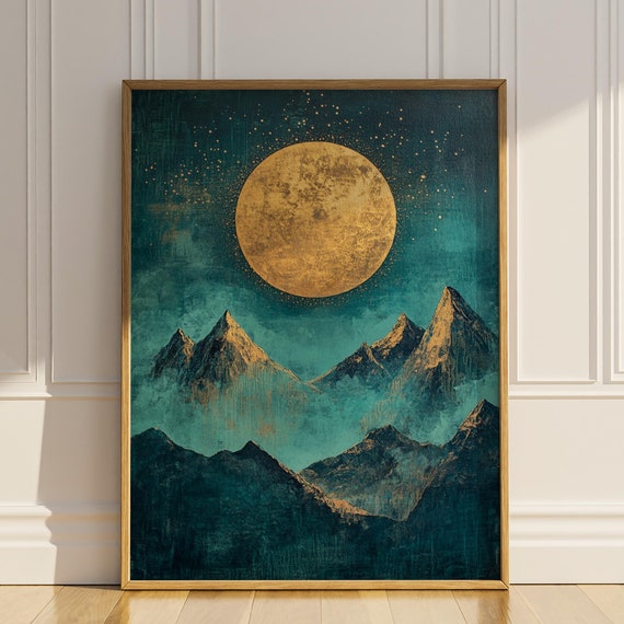 Celestial Golden Full Moon Mountains Oil Painting Wall Art Enchanting Wall Decor Dark Maximalist Art Deco Gift