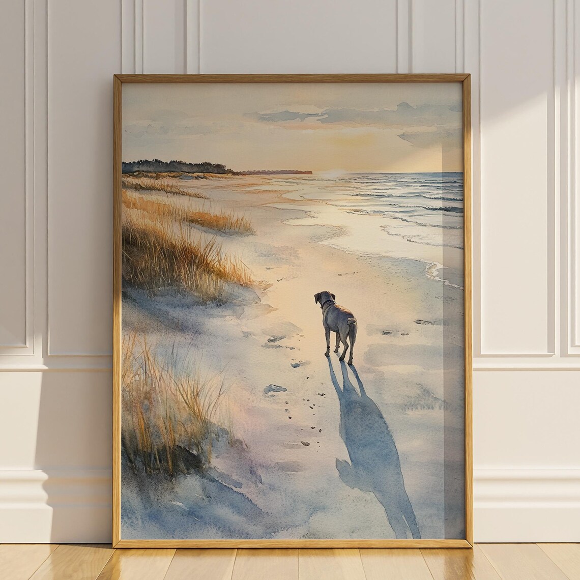 Dog Walking on Beach Sunset Watercolor Coastal Dog Lover Gift Poster