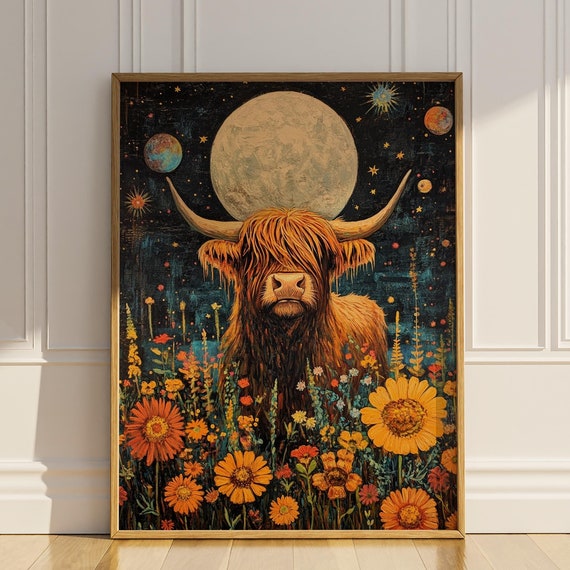 Highland Cow Wildflowers Poster Print Celestial Wall Art Boho Western Wall Decor Floral Oil Painting Farm Animal Gift Art Deco Matte Poster