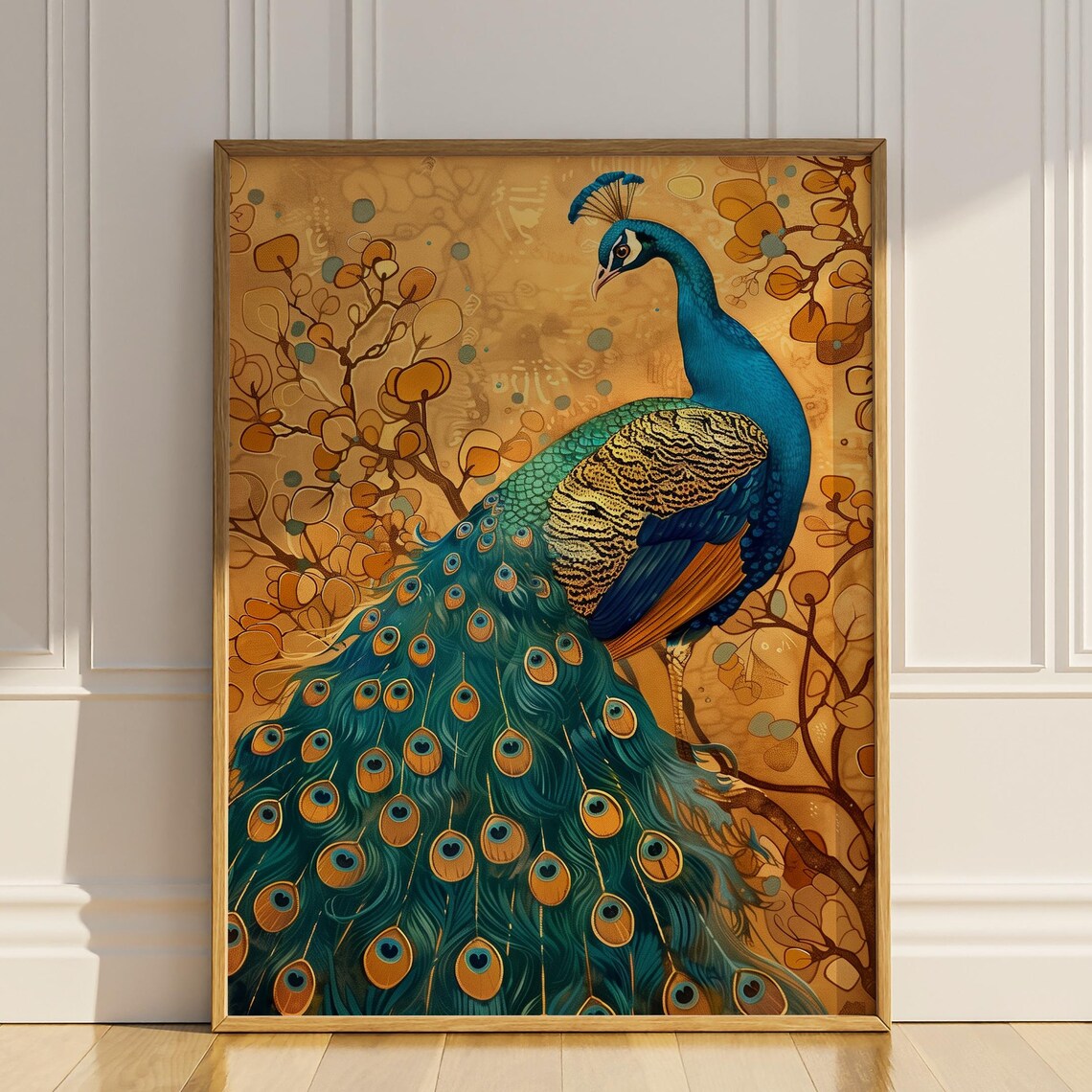 Majestic Peacock with Golden Floral Background Elegant Bird Art Poster