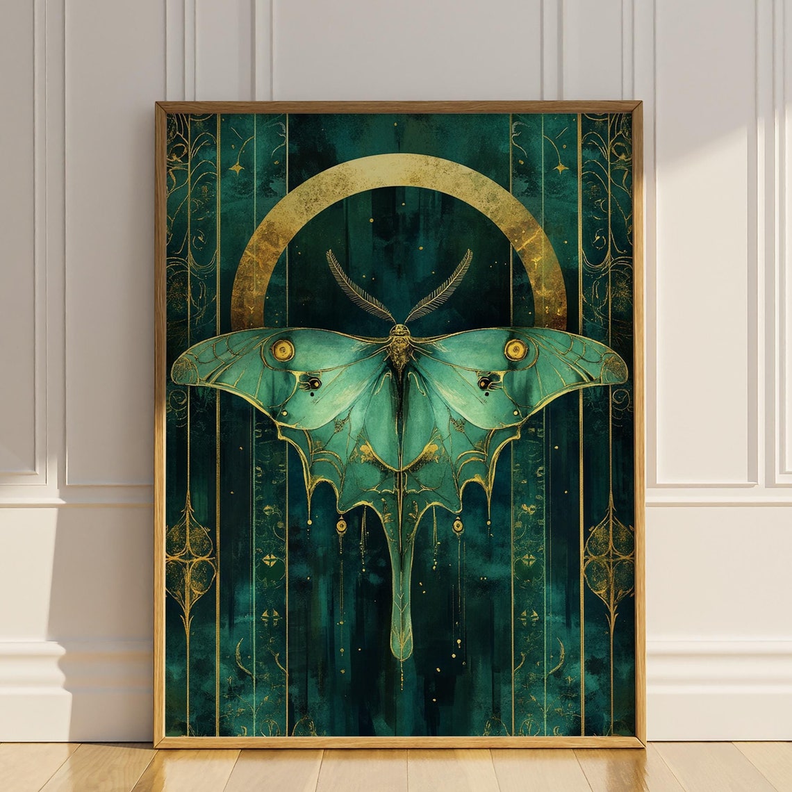 Luna Moth Deco Celestial Gold Moon Emerald Botanical Style Poster