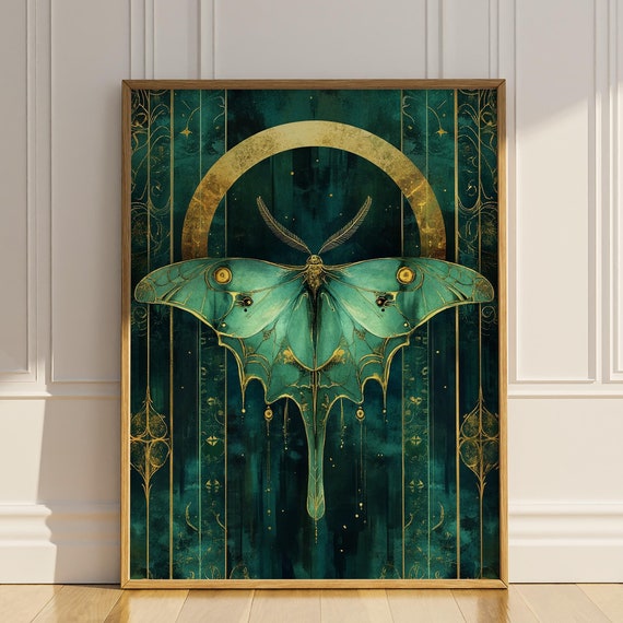 Luna Moth Poster Print Art Deco Celestial Actias Floral Modern Occult Witchy Gothic Wall Art Green Gold Wall Decor Gifts Matte Poster