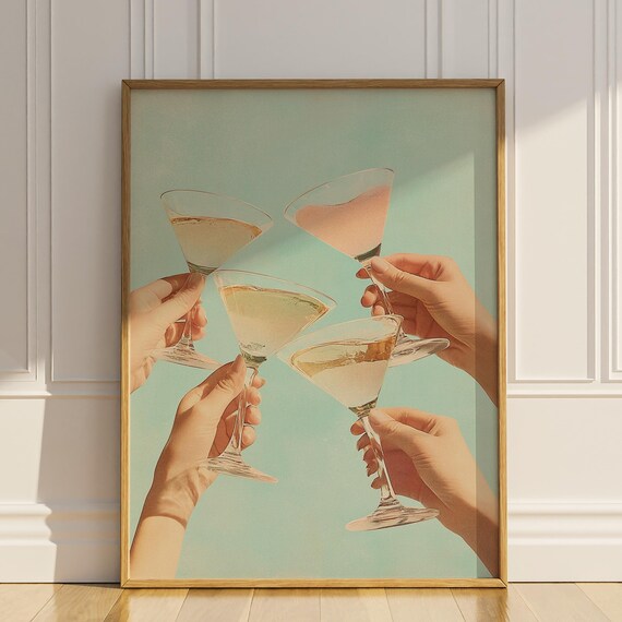 Cheers Four Martini Glasses Toasting Retro Bar Decor Celebration Poster