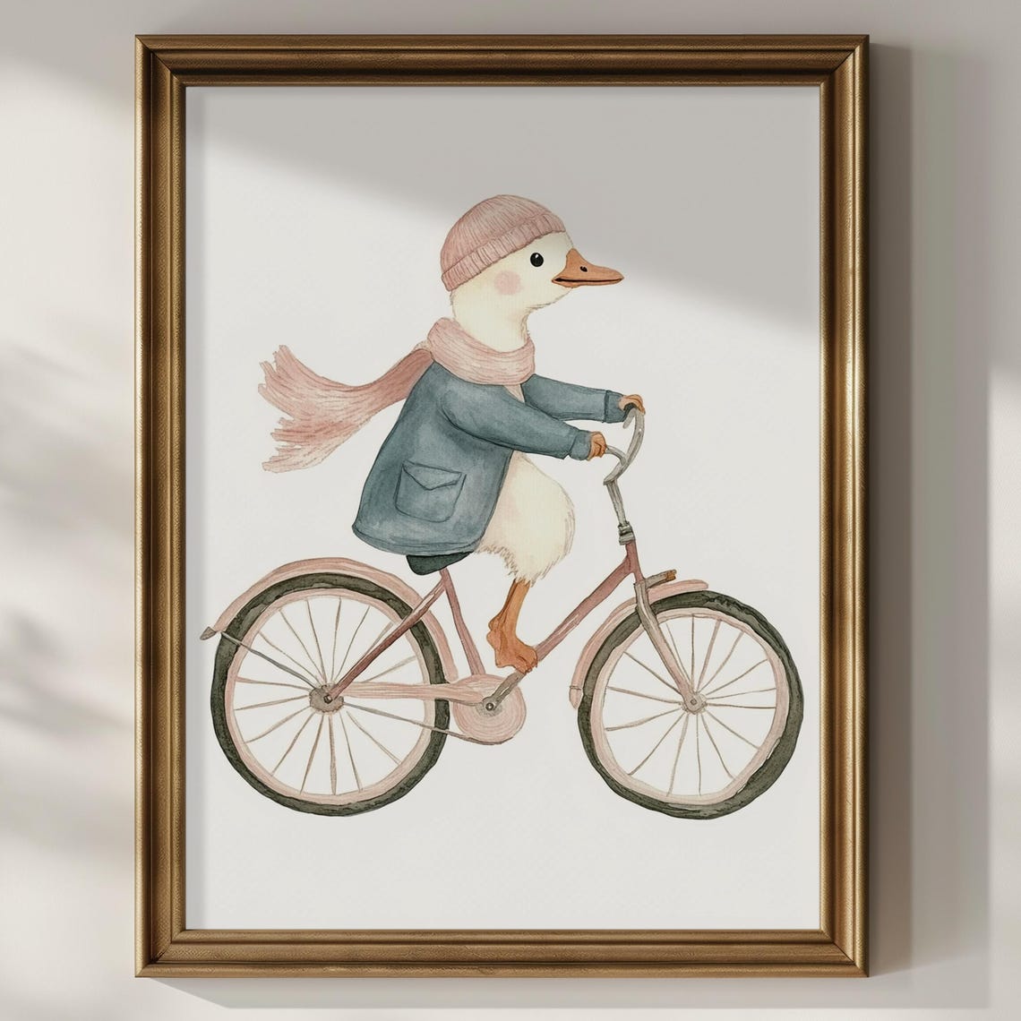 Duckling With Beanie Riding Pink Bicycle Watercolor Nursery Art Poster