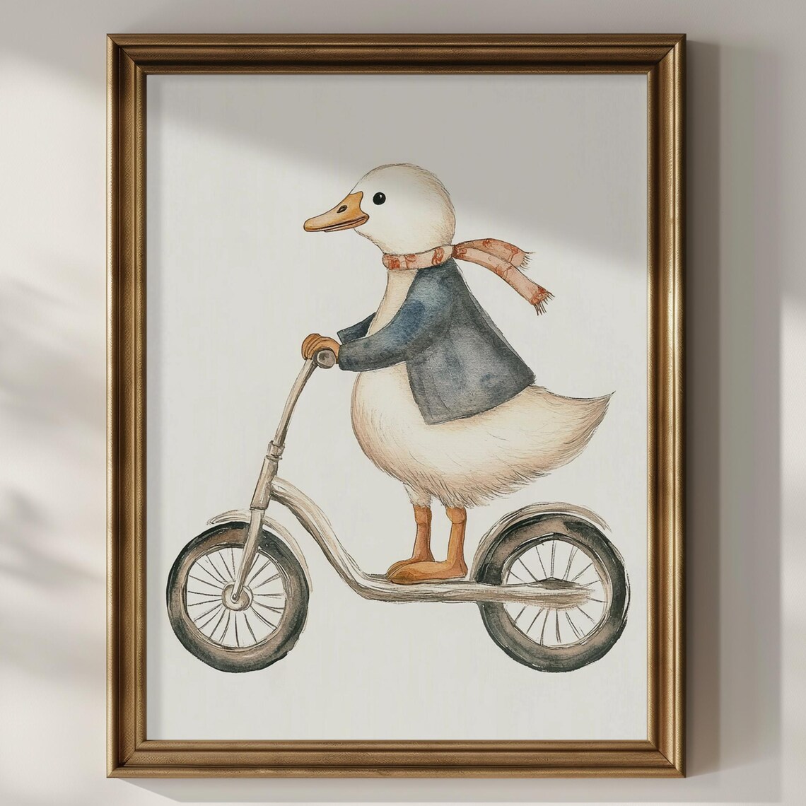 Duck In Blue Coat Riding Kick Scooter Watercolor Kids Room Art Poster