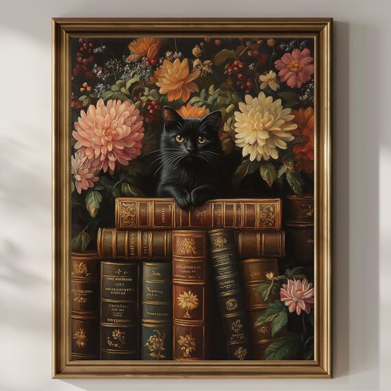 Cat Books Vintage Oil Painting, Dark Academia Art Print