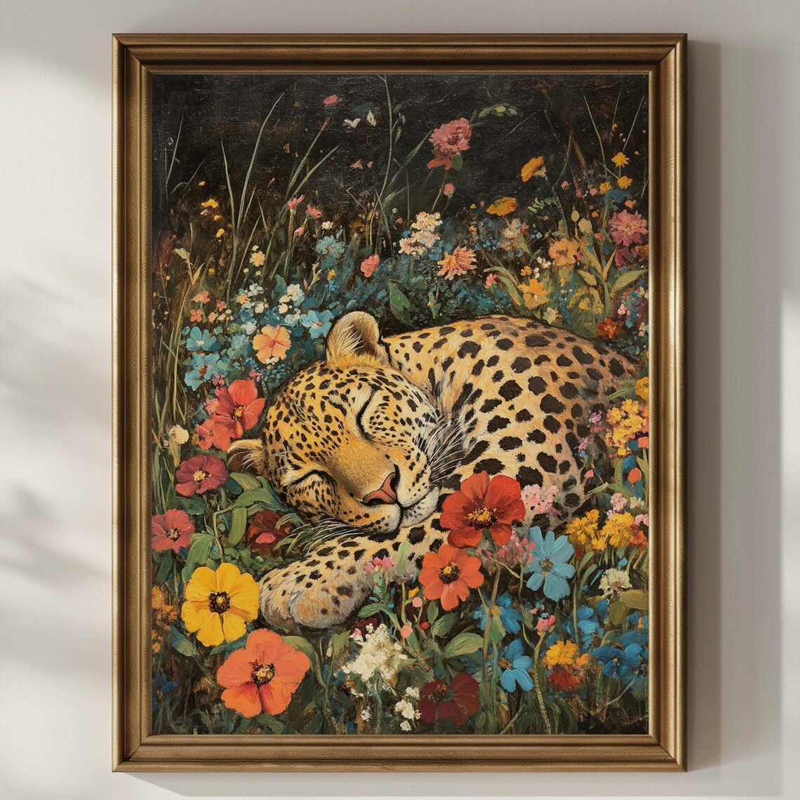 Leopard Sleeping in Wildflowers, Vintage Poster Print