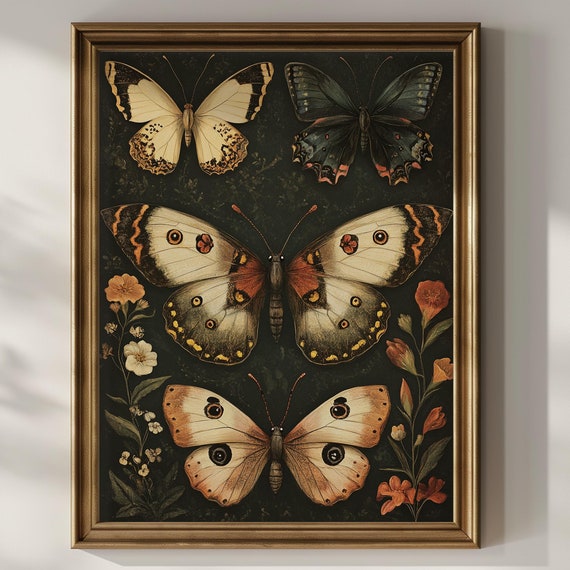 Vintage Butterfly Poster Print Dark Academia Wall Decor Wildflower Goth Moody Artful Trendy Floral Artwork Butterflies Wall Art Matte Poster