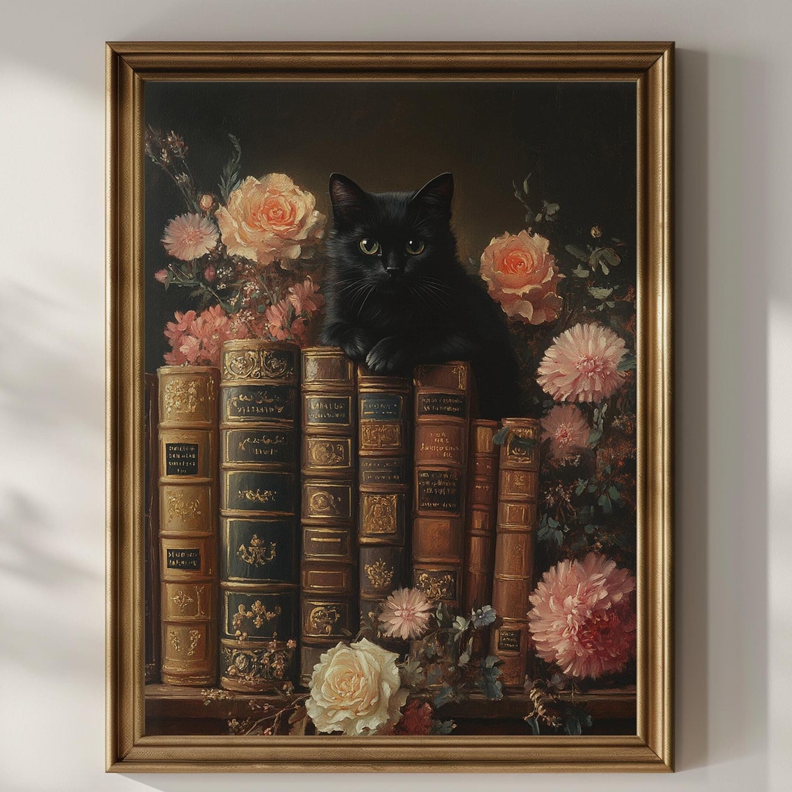 Black Cat Books Poster Print Vintage Oil Painting Wildflowers Wall Art Dark Academia Wall Decor Floral Flowers Book Lover Gifts Matte Poster