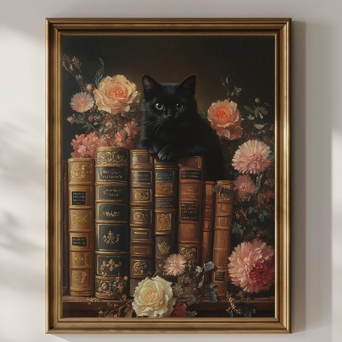 Black Cat Peeking over Antique Book Spines with Roses Dark Poster