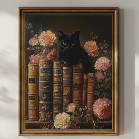 Black Cat Peeking over Antique Book Spines with Roses Dark Poster