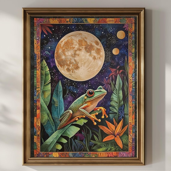 Tree Frog Under Full Moon Tropical Jungle Celestial Nature Art Poster