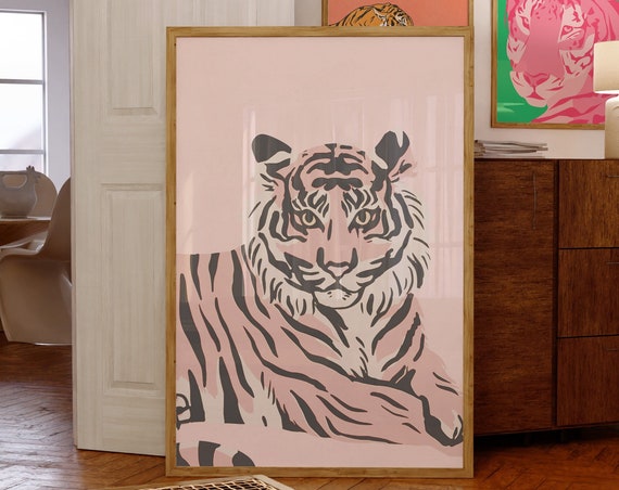 Bold Pink Tiger Portrait Poster for Modern Maximalist Jungle Decor