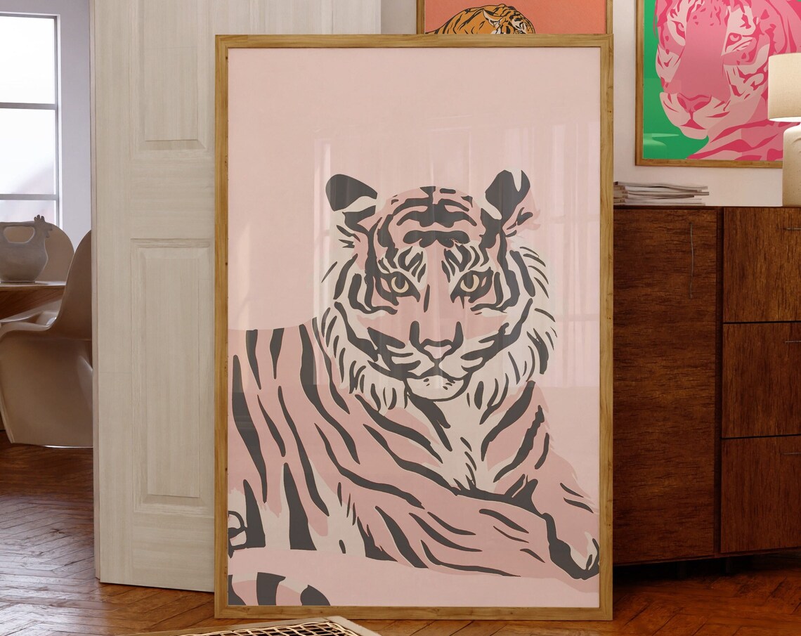 Bold Pink Tiger Portrait Poster for Modern Maximalist Jungle Decor