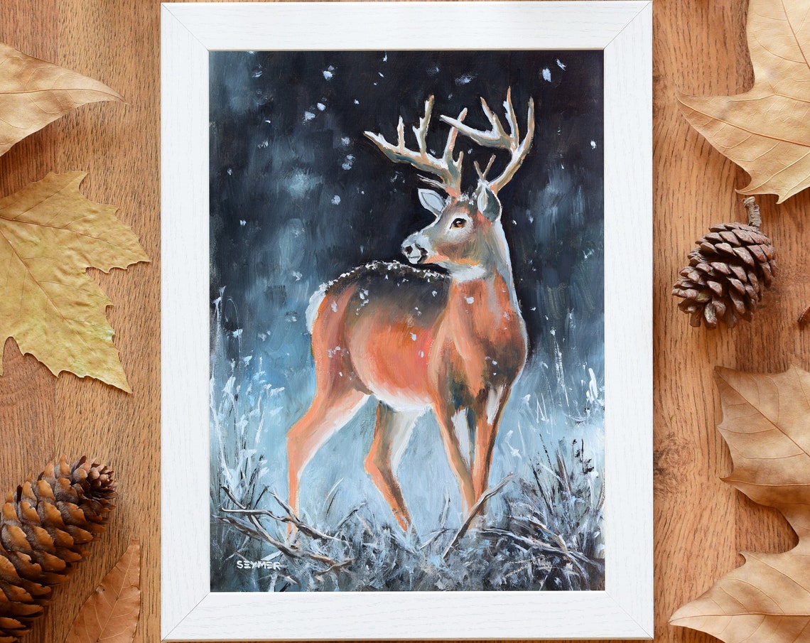 Whitetail Buck Looking Back Through Snowy Night Woods Poster