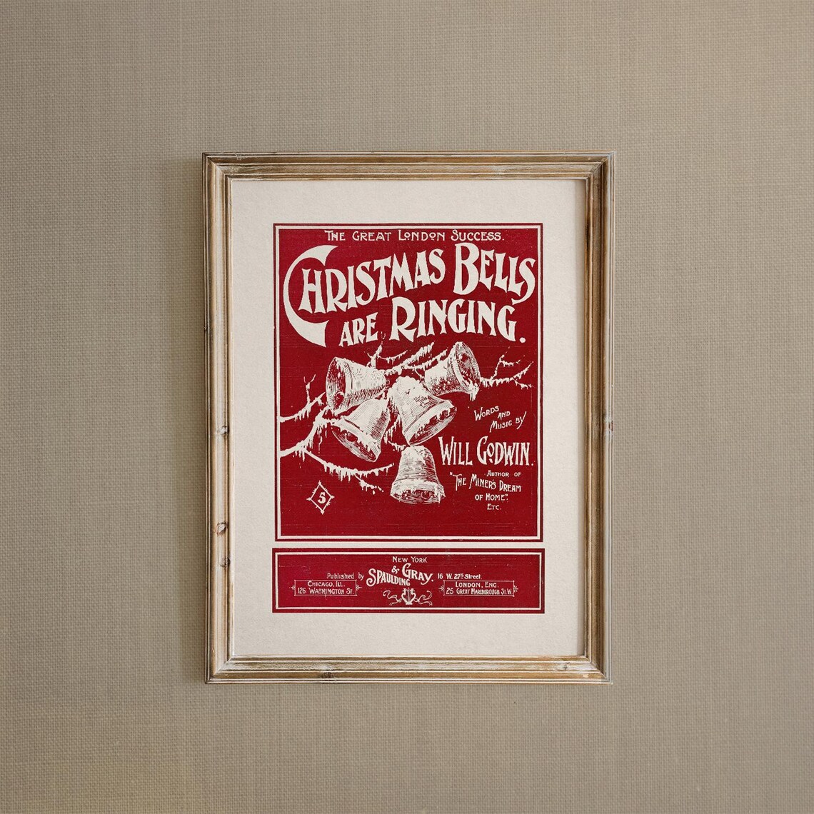 Christmas Bells Are Ringing Will Godwin Red Vintage Sheet Music Print - Image 2