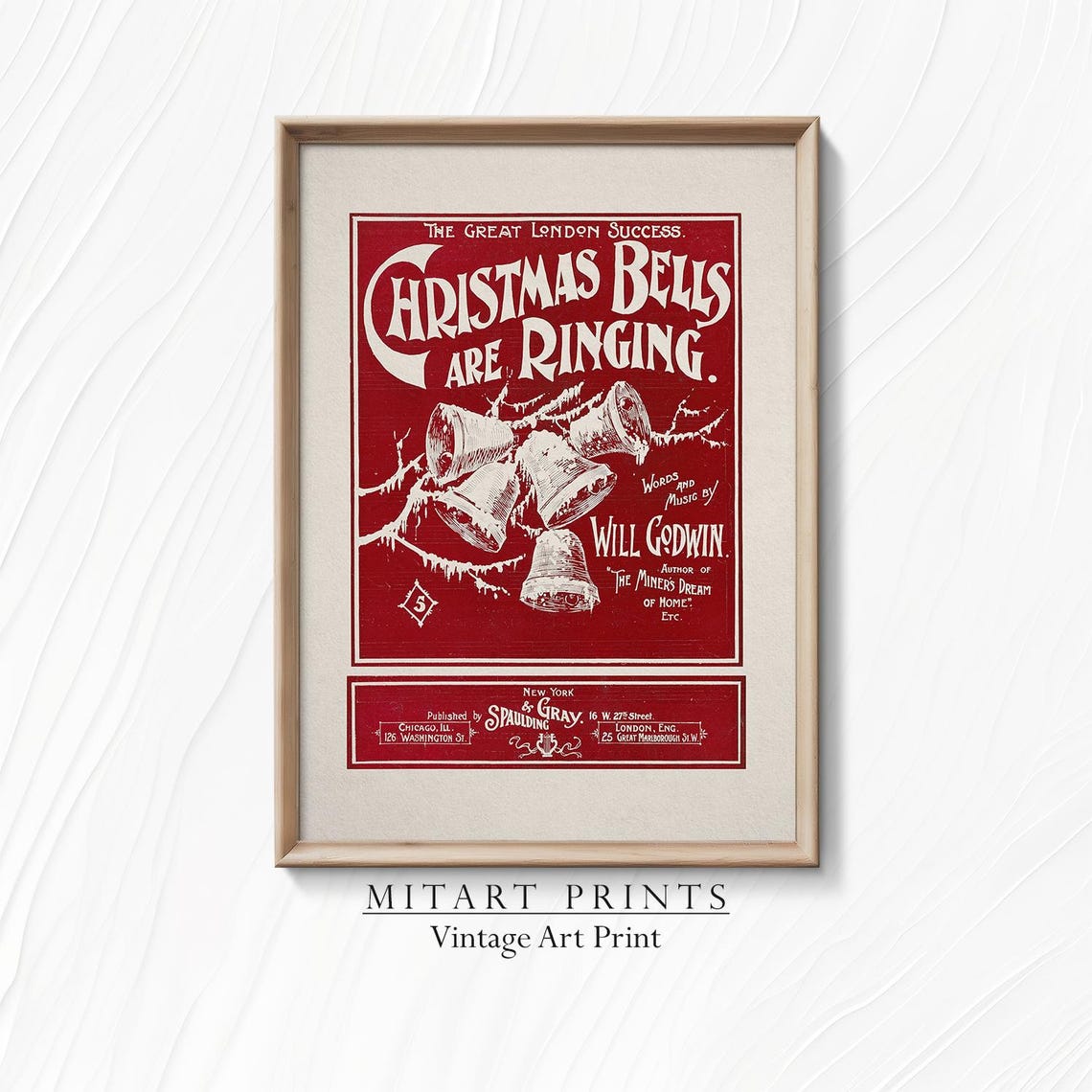Christmas Bells Are Ringing Will Godwin Red Vintage Sheet Music Print
