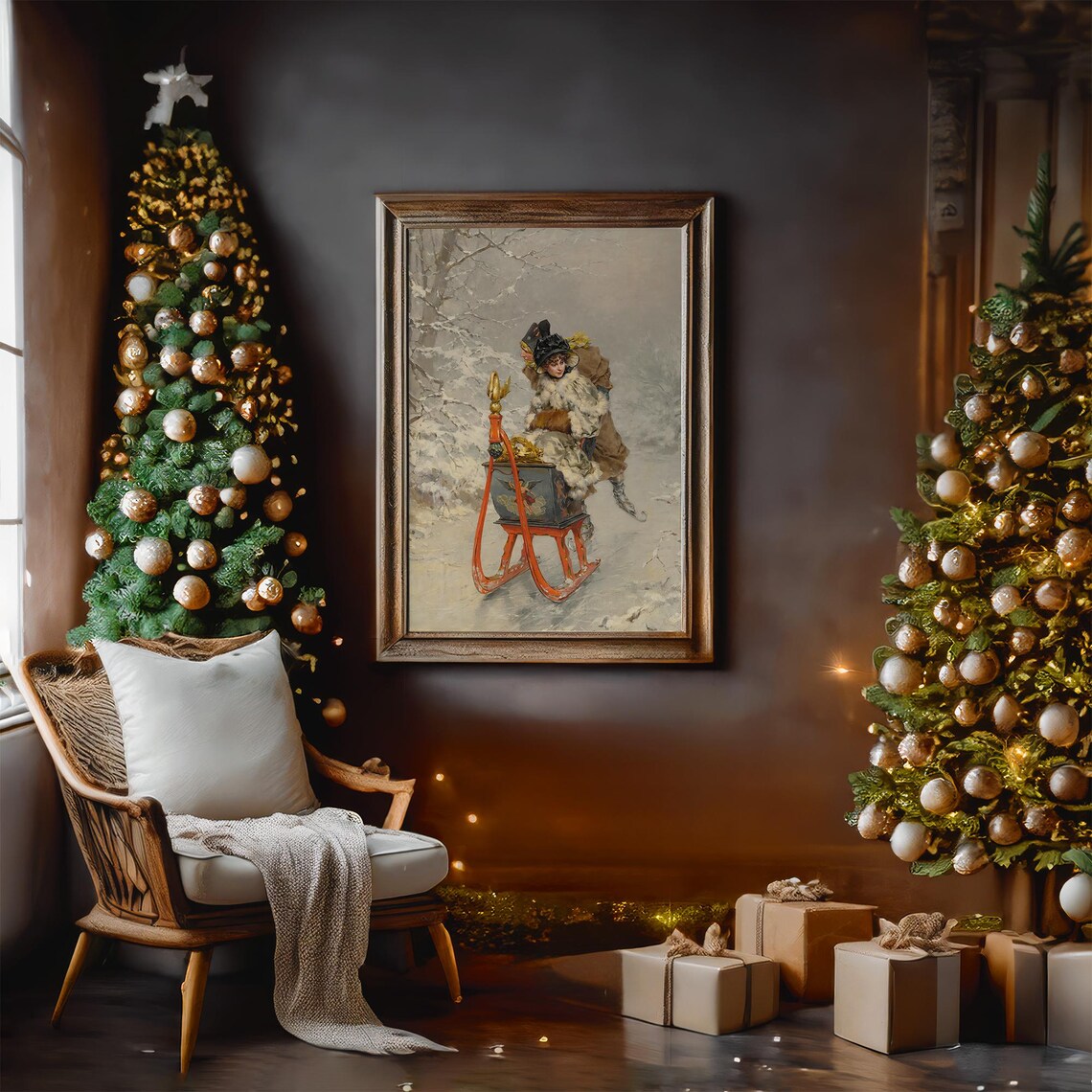 Romantic Winter Sleigh Ride Couple Vintage Oil Painting Art Print - Image 2