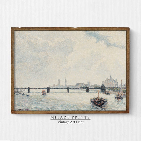Vintage London Cityscape Painting Antique River Wall Art Warm Toned Rustic Art Neutral Decor Art Instant