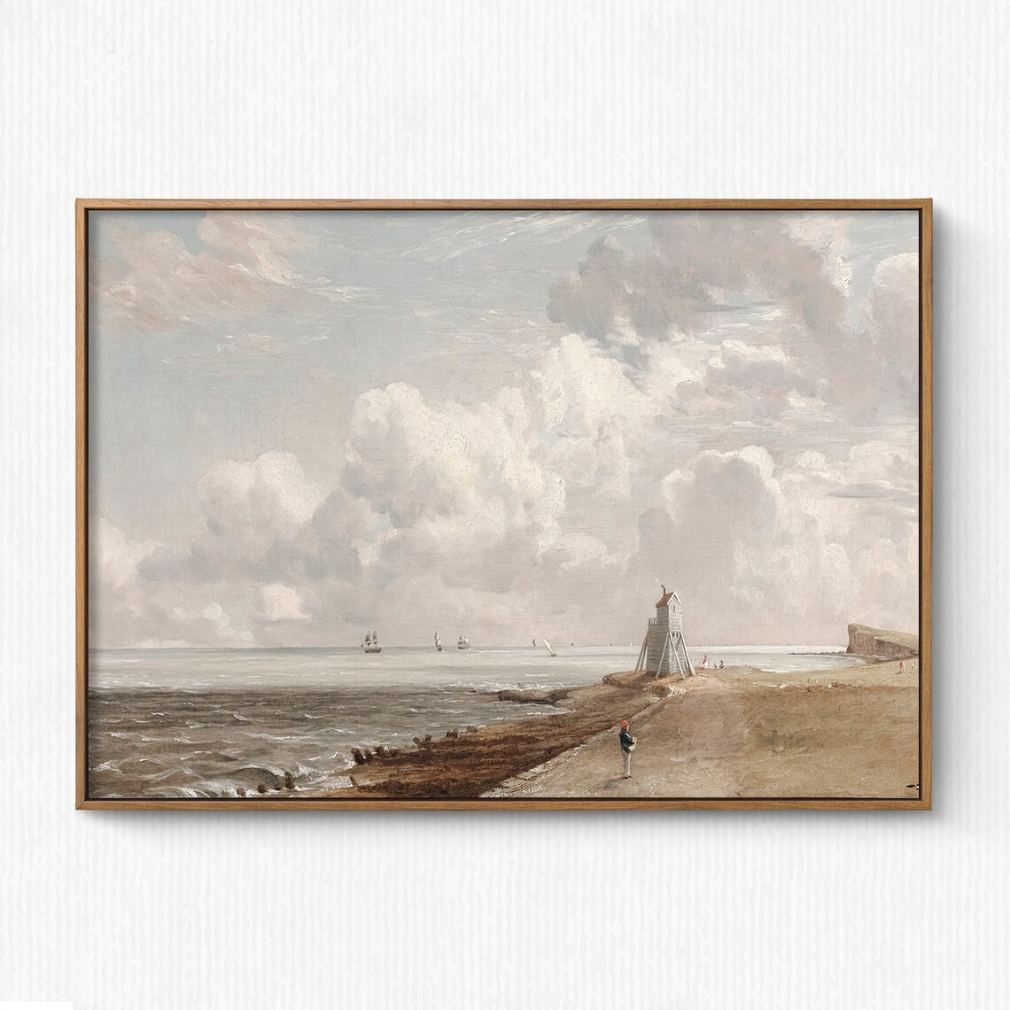 Vintage Cloudy Coast Seascape Sailboats Wooden Tower Oil Poster