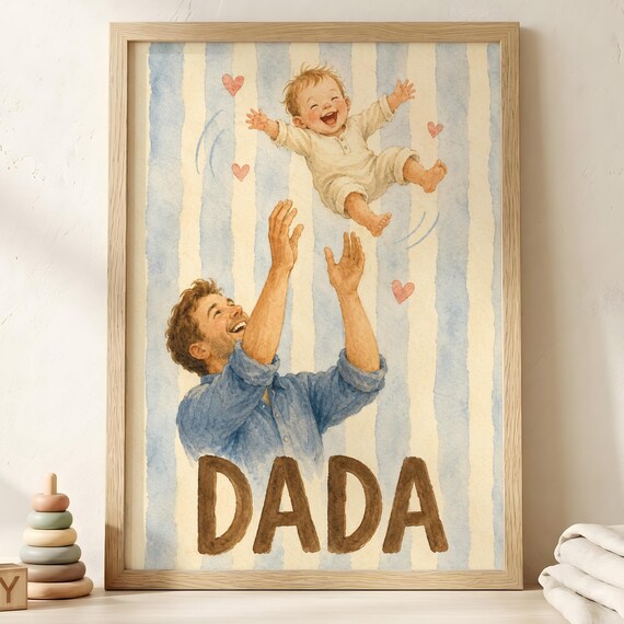 Happy Dada Father Tossing Baby High Joy Blue Nursery Wall Poster