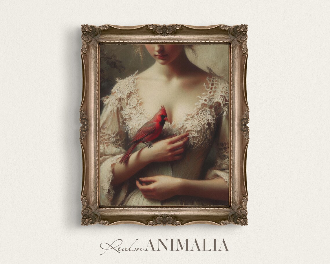 Victorian Woman and Red Cardinal, Vintage Christmas Art Print