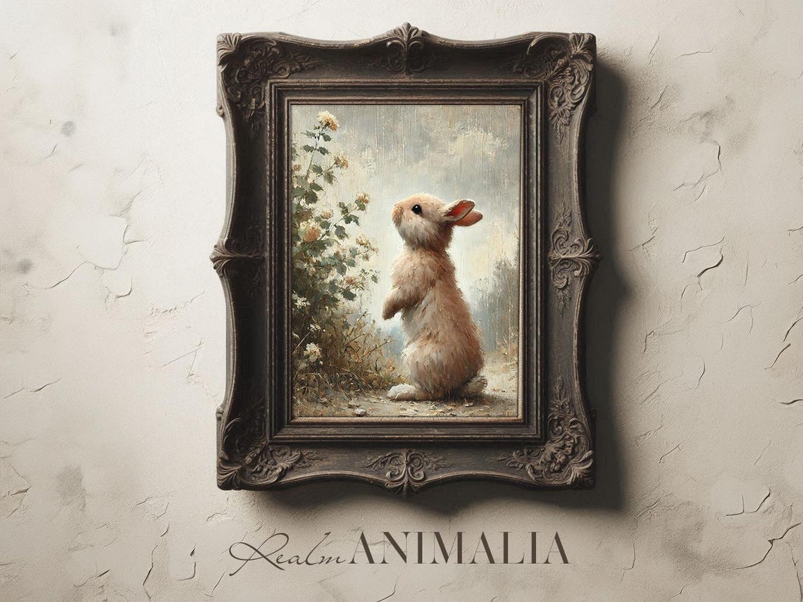 Fluffy Bunny Standing In Rain Smelling Flowers Vintage Poster - Image 2