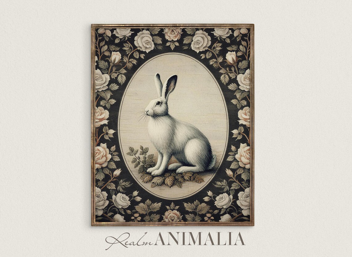 White Rabbit Seated In Oval Medallion Dark Rose Tapestry Vintage Poster - Image 4