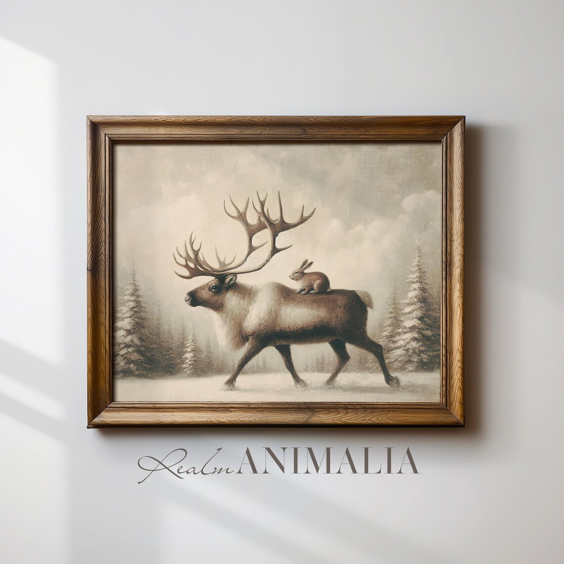 Winter Reindeer With Bunny On Back Snowy Forest Neutral Art Poster - Image 4
