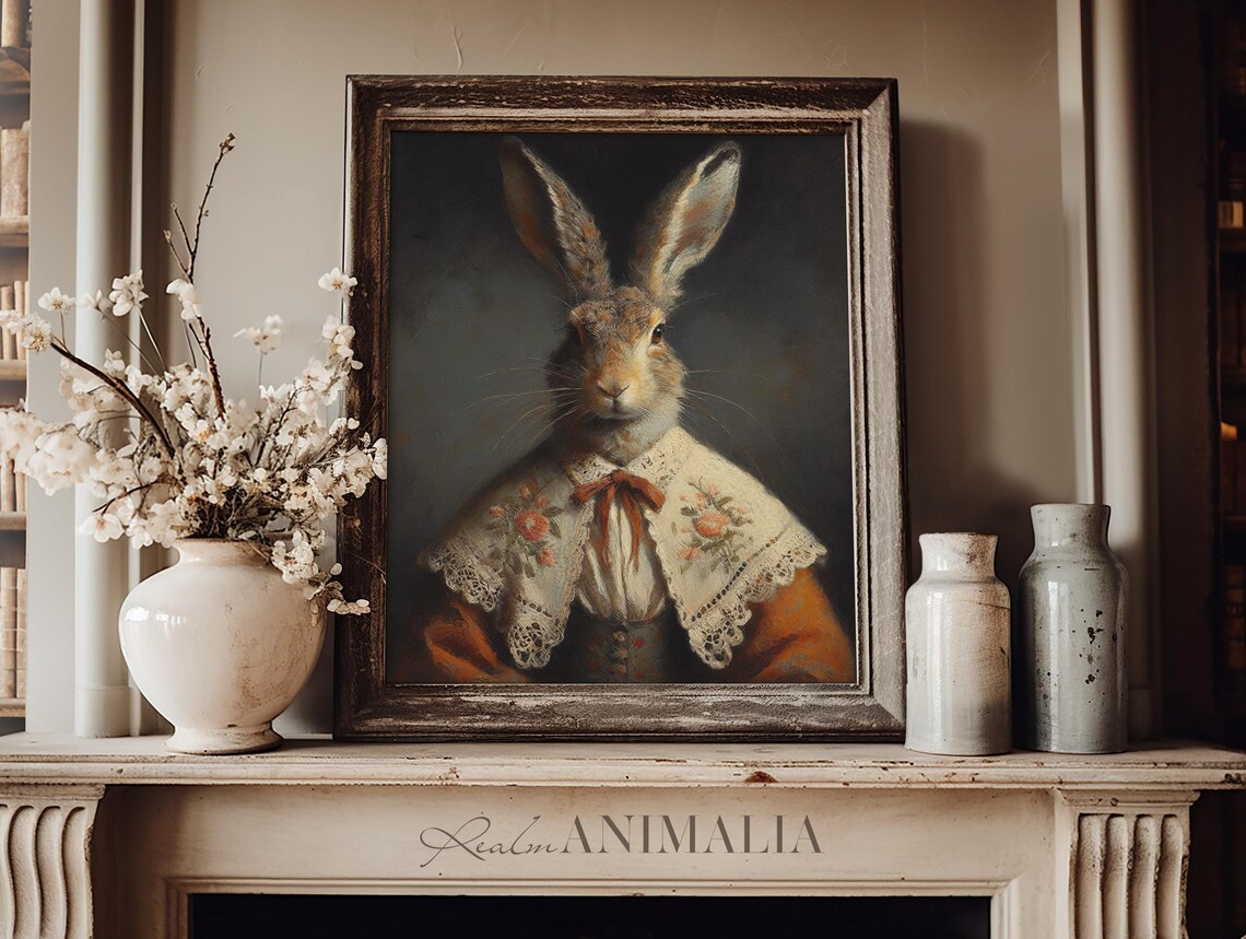 Hare In Victorian Dress Lace Collar Whimsical Portrait Poster - Image 3