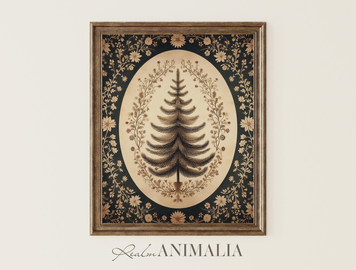Vintage Christmas Tree Botanical On Black Gold Floral Wall Art