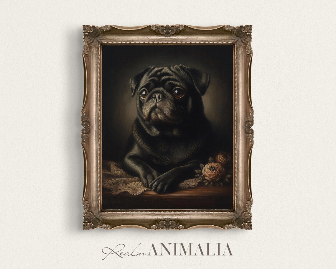 Black Pug Portrait, Vintage Style Dog Art Print