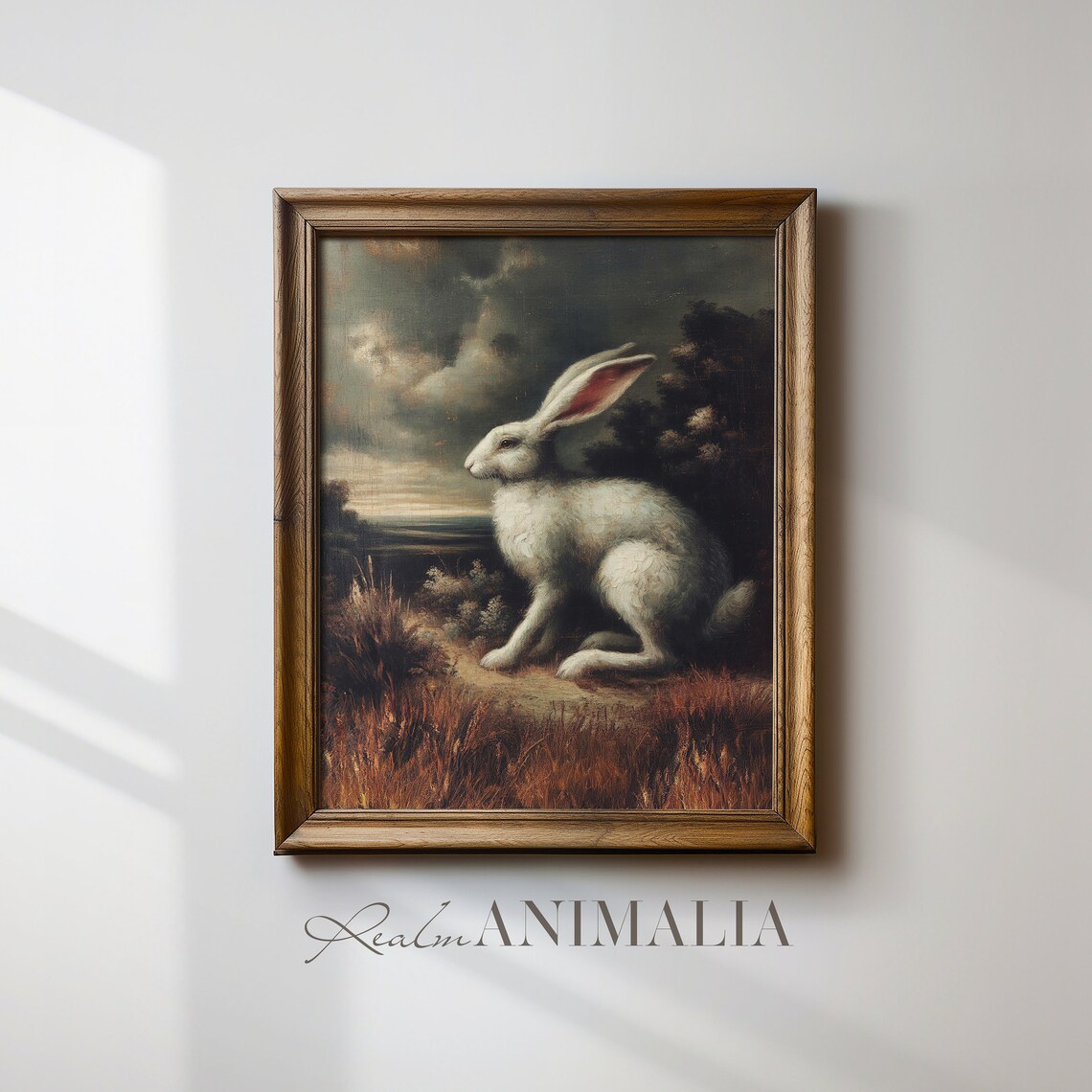 White Rabbit Vintage Oil Painting Moody Autumn Field Stormy Sky Wildlife Poster - Image 4