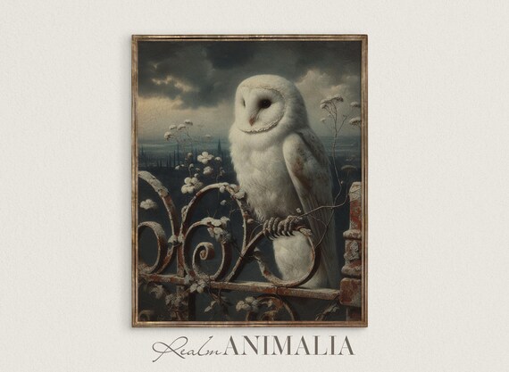 Moody Vintage White Owl Print Dark Academia Owl Wall Art Painting Cottagecore Owl Bird Wall Art Decor Ow009