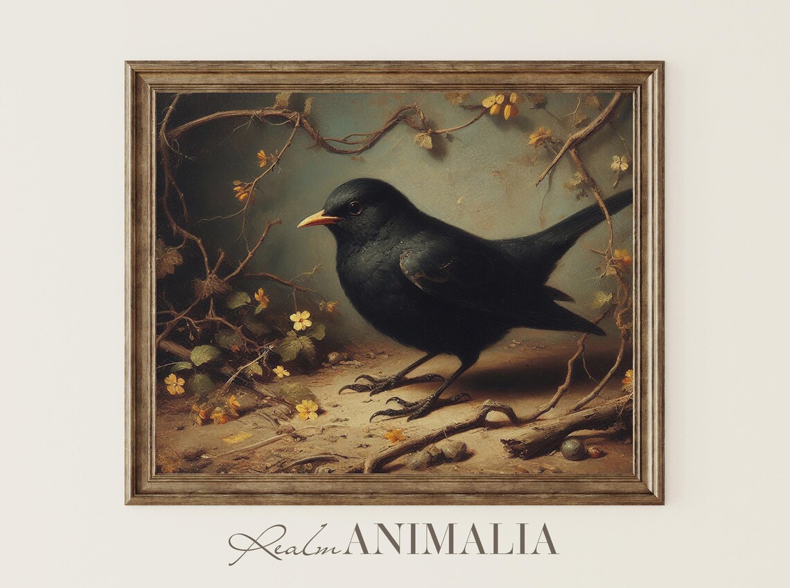 Blackbird With Yellow Beak Among Bare Branches Moody Vintage Bird Art Print