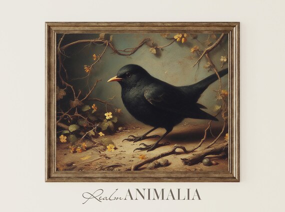 Botanical Blackbird Art Print Moody Spring Wall Art Nursery Animal Art Prints Blackbird Painting Floral Bird Home Decor Bb003