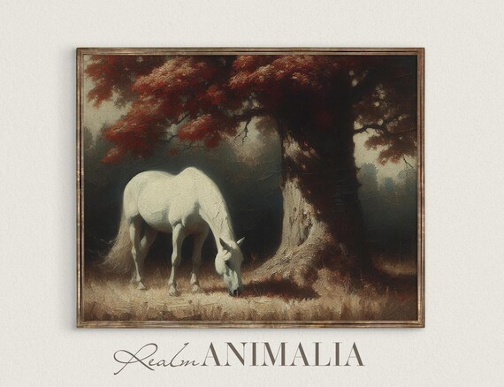White Horse Vintage Painting Equestrian Wall Art Moody Landscape Prints Rustic Fall Decor Animal Art Print Hs101