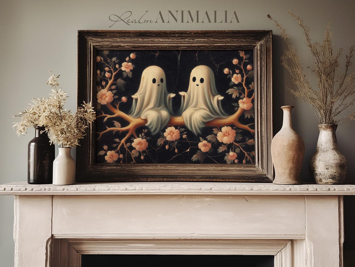 Two Little Ghosts On Flowering Branch Dark Botanical Halloween Print - Image 2