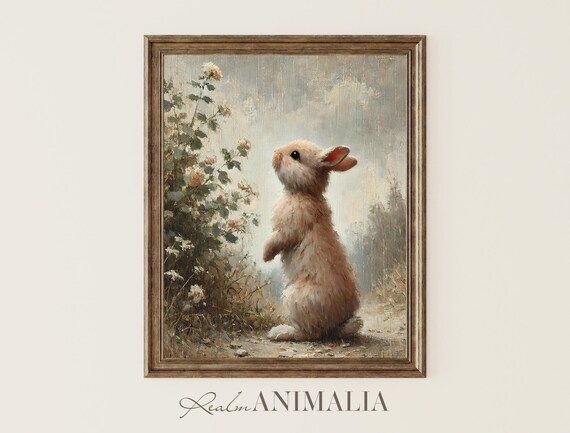 Fluffy Bunny Standing In Rain Smelling Flowers Vintage Poster