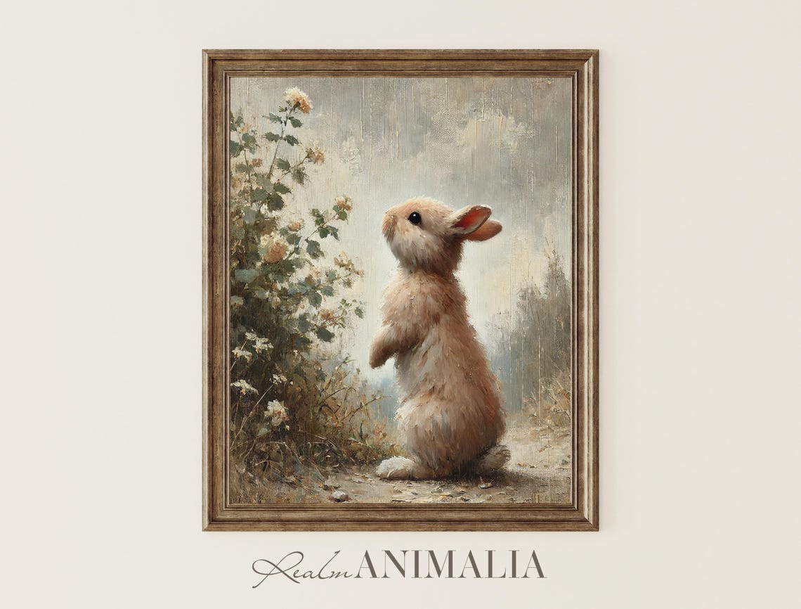 Fluffy Bunny Standing In Rain Smelling Flowers Vintage Poster