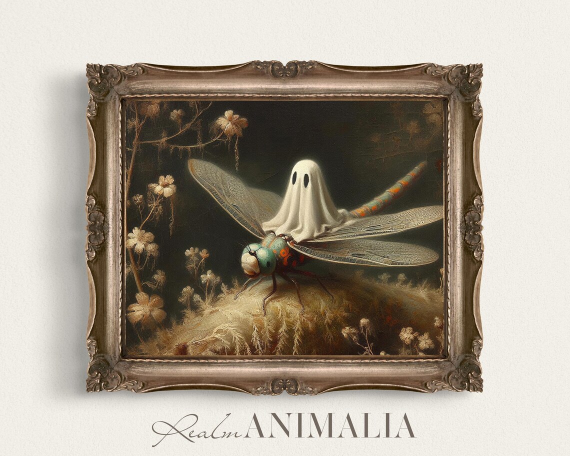Little Ghost Riding Dragonfly Dark Botanical Moody Halloween Wall Art Poster