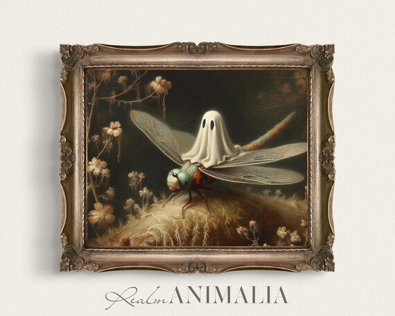 Little Ghost Riding On Dragonfly Print Halloween Wall Art Whimsical Ghost Painting Moody Fall Cottagecore Art Prints Gh141
