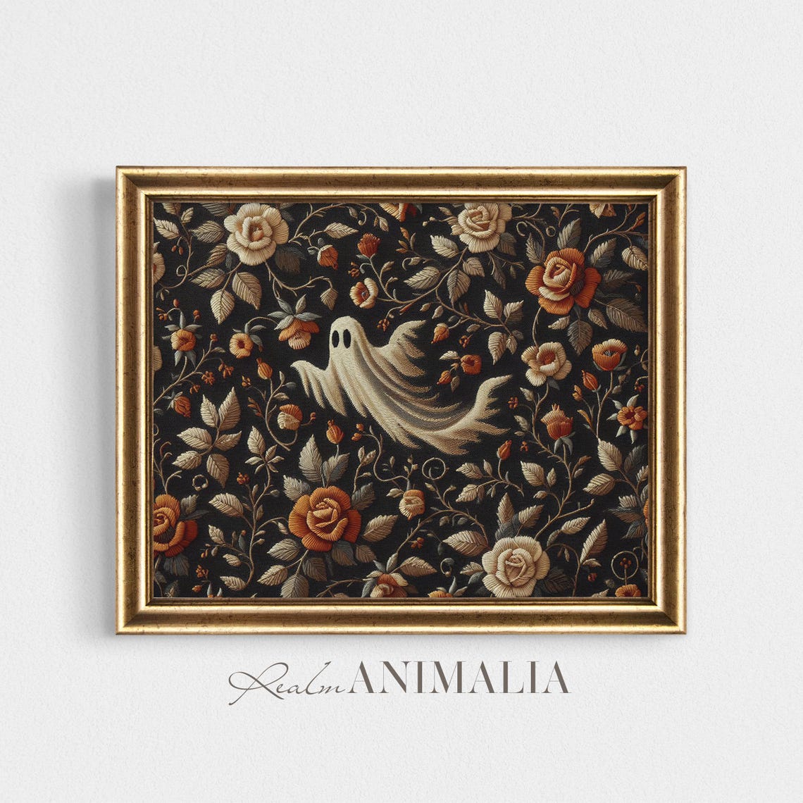 Ghost Gliding Through Roses Dark Floral Tapestry Embroidery Art Print - Image 4