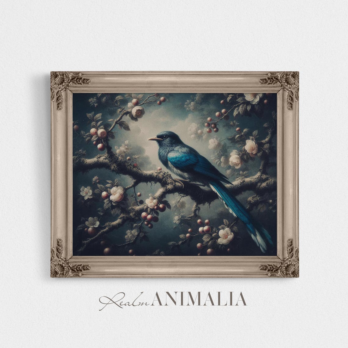 Blue Magpie On Blossoming Branch With Berries Moody Bird Poster - Image 2