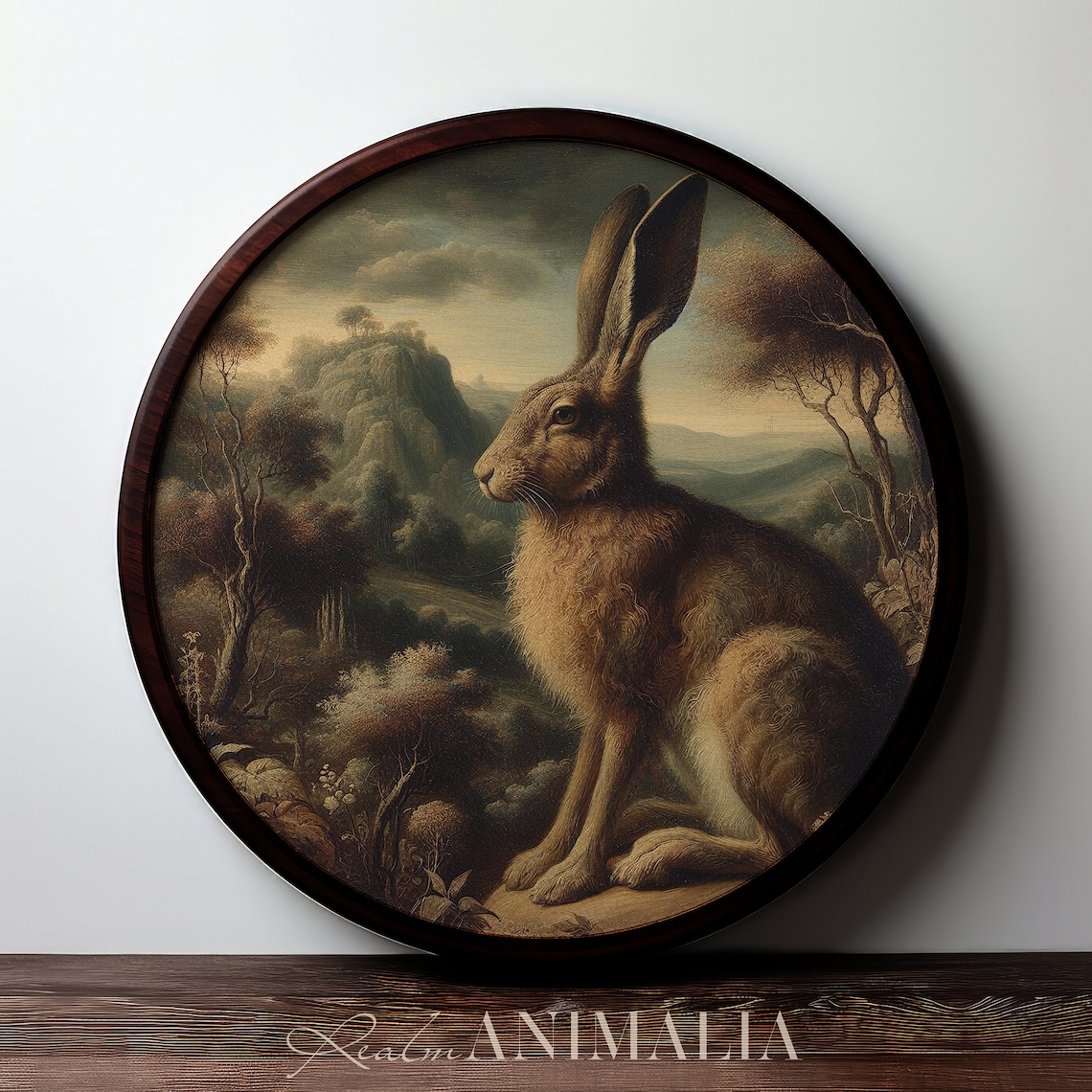 Autumn Hare Vintage Oil Painting Rolling Hills Landscape Rustic Wildlife Print - Image 3