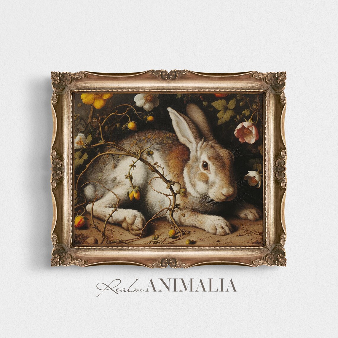 Brown Rabbit Resting In Thorny Flower Vines Moody Vintage Wildlife Print - Image 4