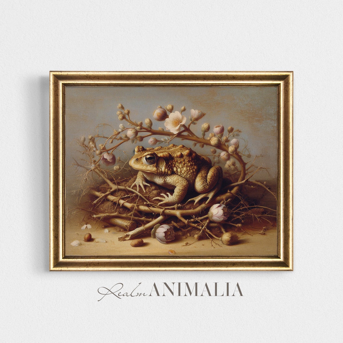Toad Resting In Floral Nest Vintage Neutral Amphibian Wall Art Print - Image 4