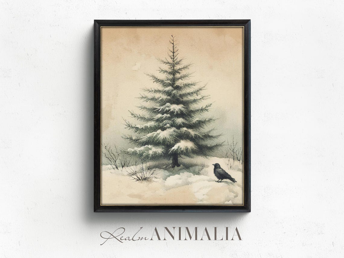 Snowy Pine Tree Watercolor With Black Crow Winter Landscape Poster - Image 4