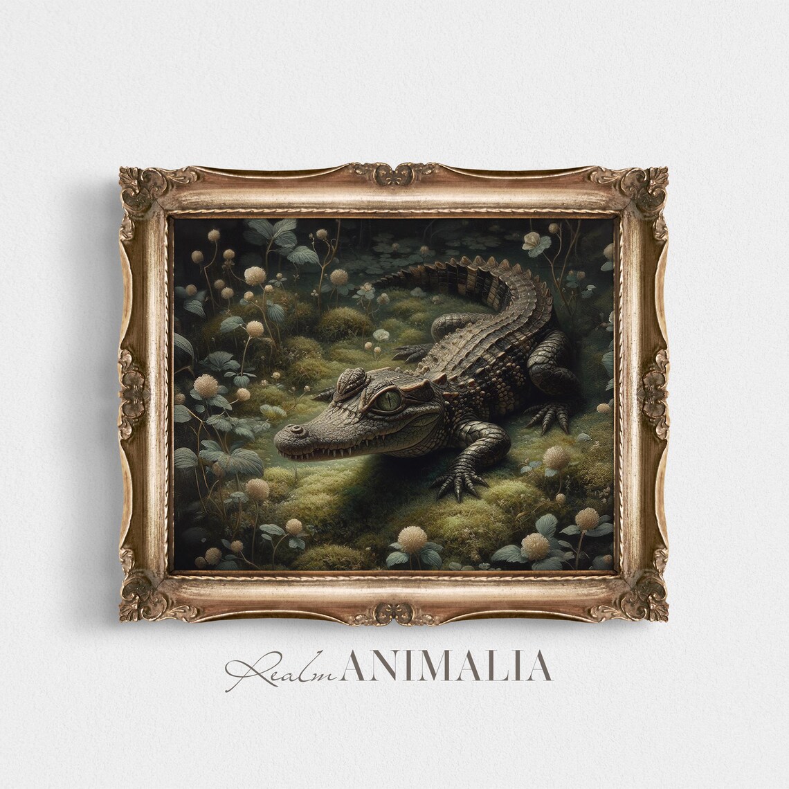 Baby Alligator In Mossy Swamp Moody Botanical Painting Poster - Image 2