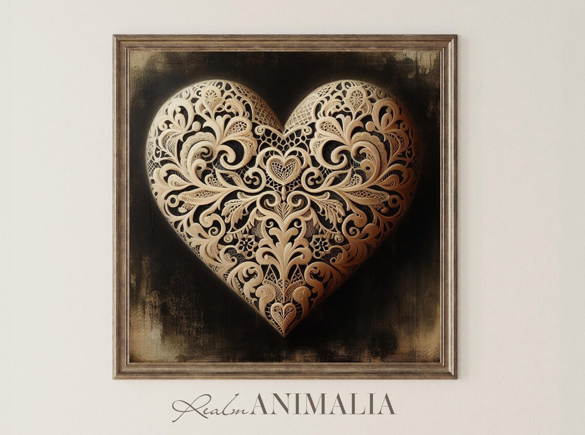Ornate Victorian Lace Heart Filigree Neutral Romantic Wall Art Print